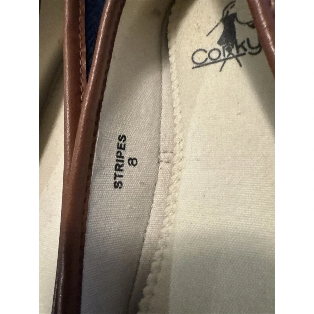Corkys Corky's Navy Cream Striped Espadrille Flat Loafer Slip Ons Sz 8